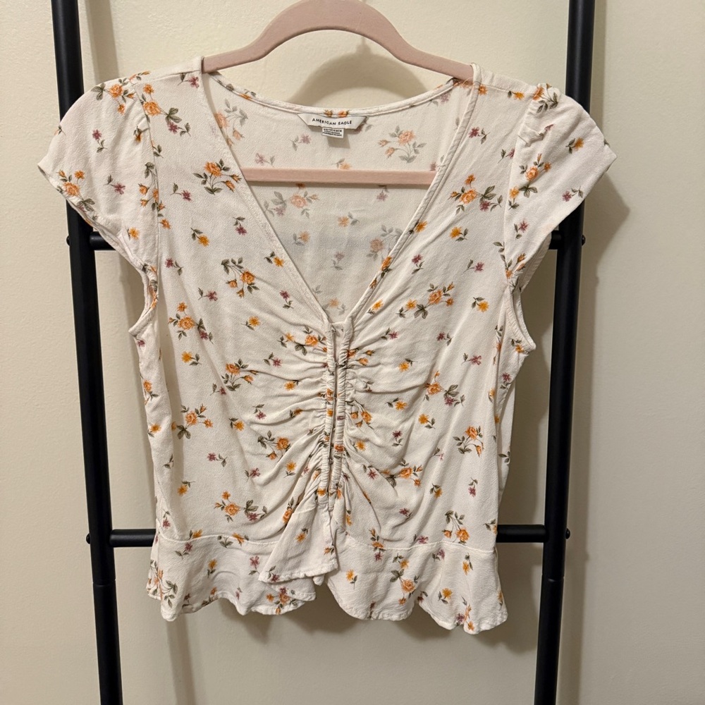 American Eagle Outfitters Floral Ruched White Top